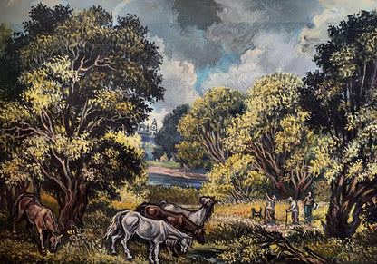 Oil painting of lush landscape with grazing horses by Litvinov