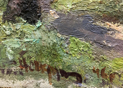 Oil painting Forest D. Nevkrytyy with textured green brown black impasto