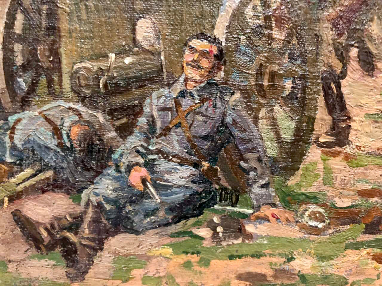 Oil painting by Buryachok Ivan Martynovich: soldier in gray uniform amid battlefield debris
