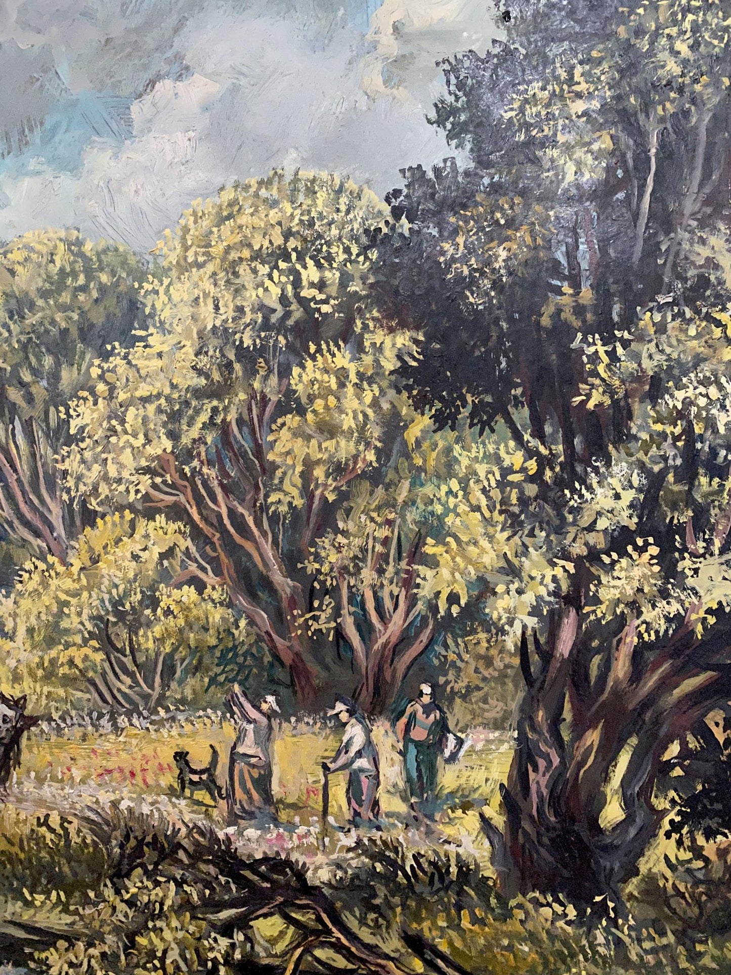 Oil painting by Litvinov: sunlit forest path with tall trees and horses