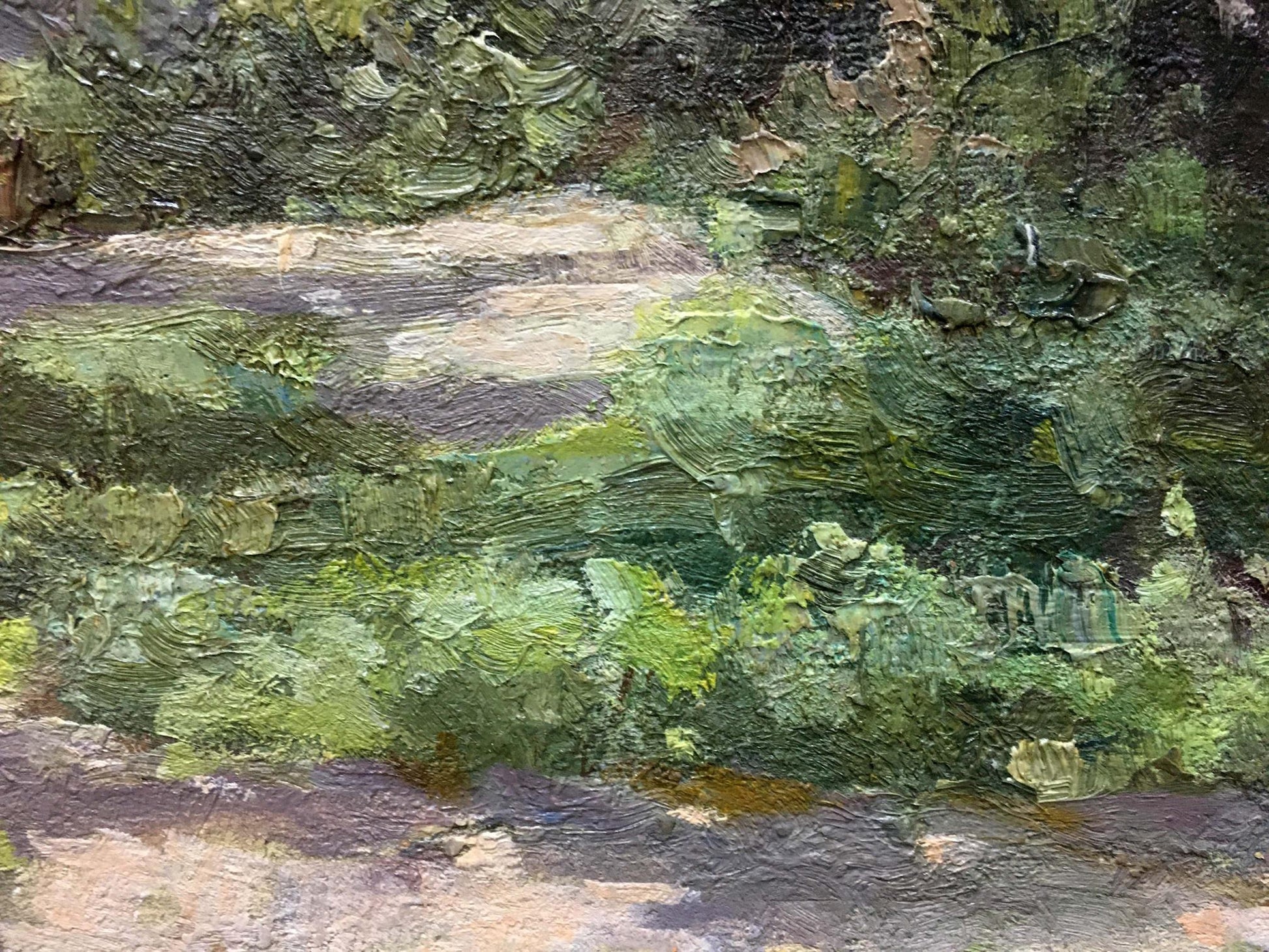 Oil painting Forest D. Nevkrytyy with textured green and brown impasto brushstrokes
