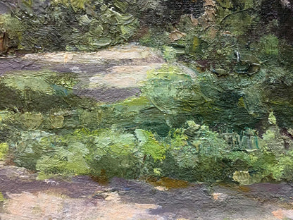 Oil painting Forest D. Nevkrytyy with textured green and brown impasto brushstrokes