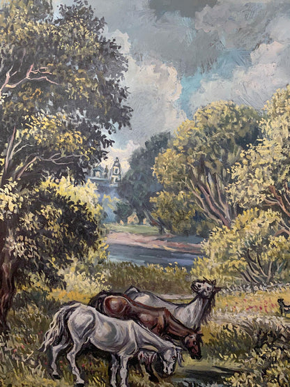 Serene impressionist oil painting of horses in meadow by Litvinov