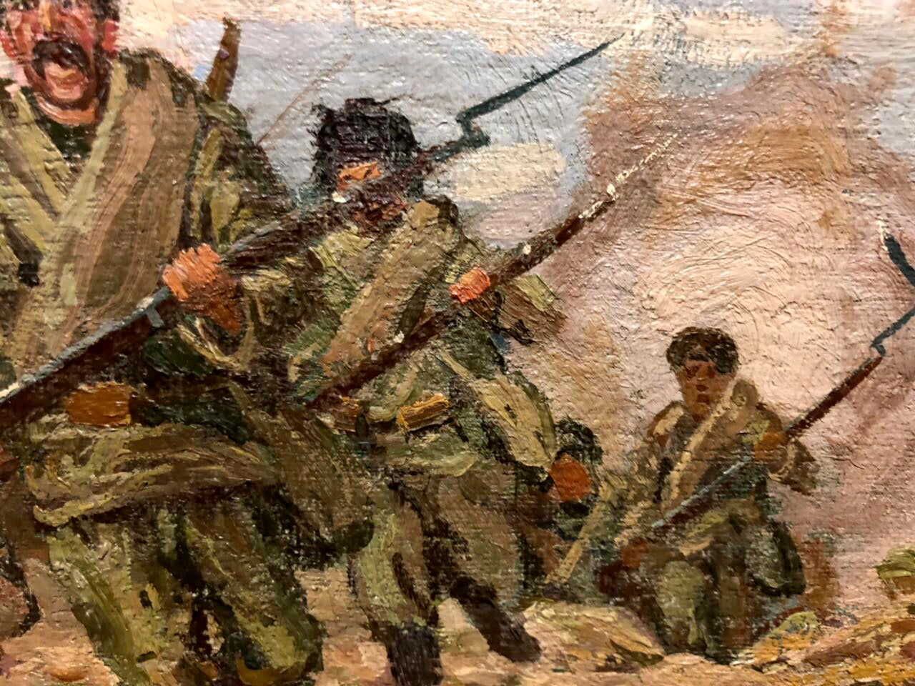 Oil painting by Buryachok Ivan Martynovich: three soldiers with rifle, spear