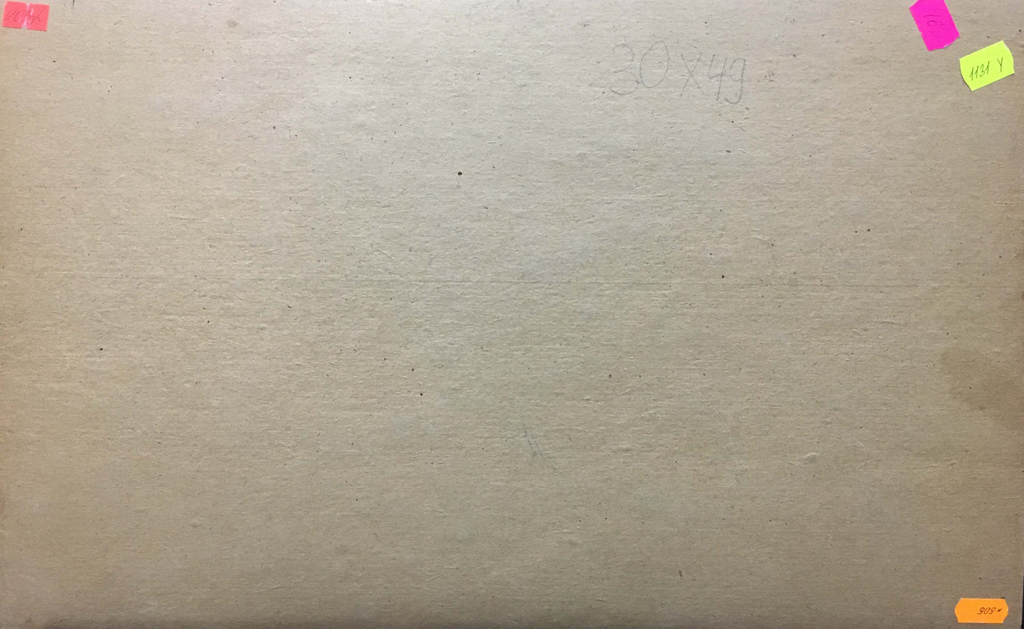 Back of Oil painting Forest D. Nevkrytyy on beige cardboard with pencil marks and colorful sticky notes