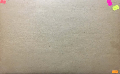 Back of Oil painting Forest D. Nevkrytyy on beige cardboard with pencil marks and colorful sticky notes