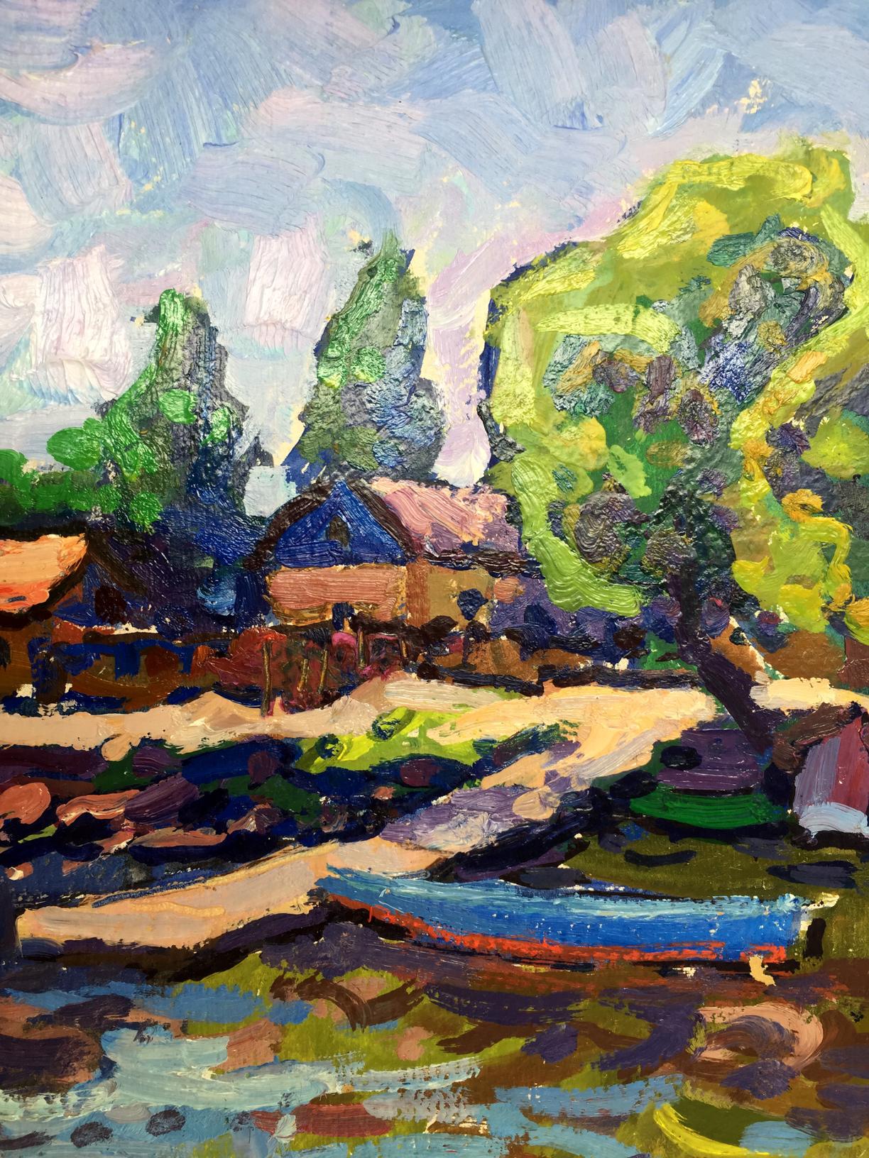 Vibrant impressionist oil painting by Ruban Grigory Savelyevich: blue boat on water amid green trees and houses