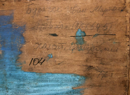 Back of oil painting War Buryachok by Ivan Martynovich with weathered blue panel and Cyrillic script
