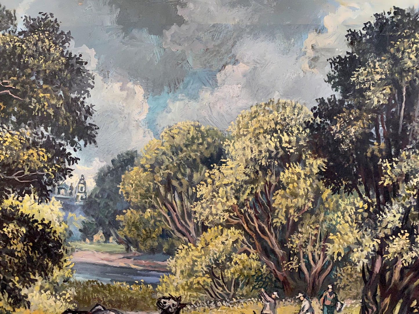 Oil painting by Alexander Arkadievich Litvinov: lush green trees, horses, cloudy sky