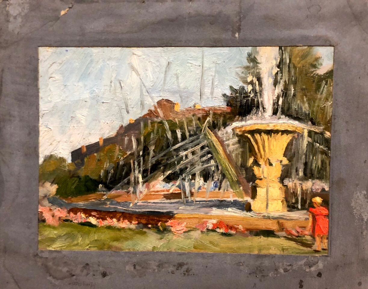 Oil painting by Tkachenko Evgeny Nikolaevich: golden fountain with jets, greenery, pink flowers