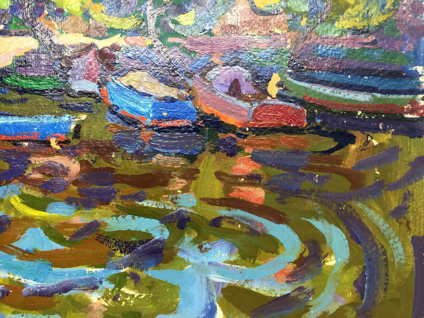 Vibrant impressionist oil painting by Grigory Savelyevich Ruban Hills Leninsky with colorful textured boats on swirling water