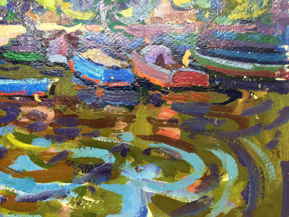 Vibrant impressionist oil painting by Grigory Savelyevich Ruban Hills Leninsky with colorful textured boats on swirling water