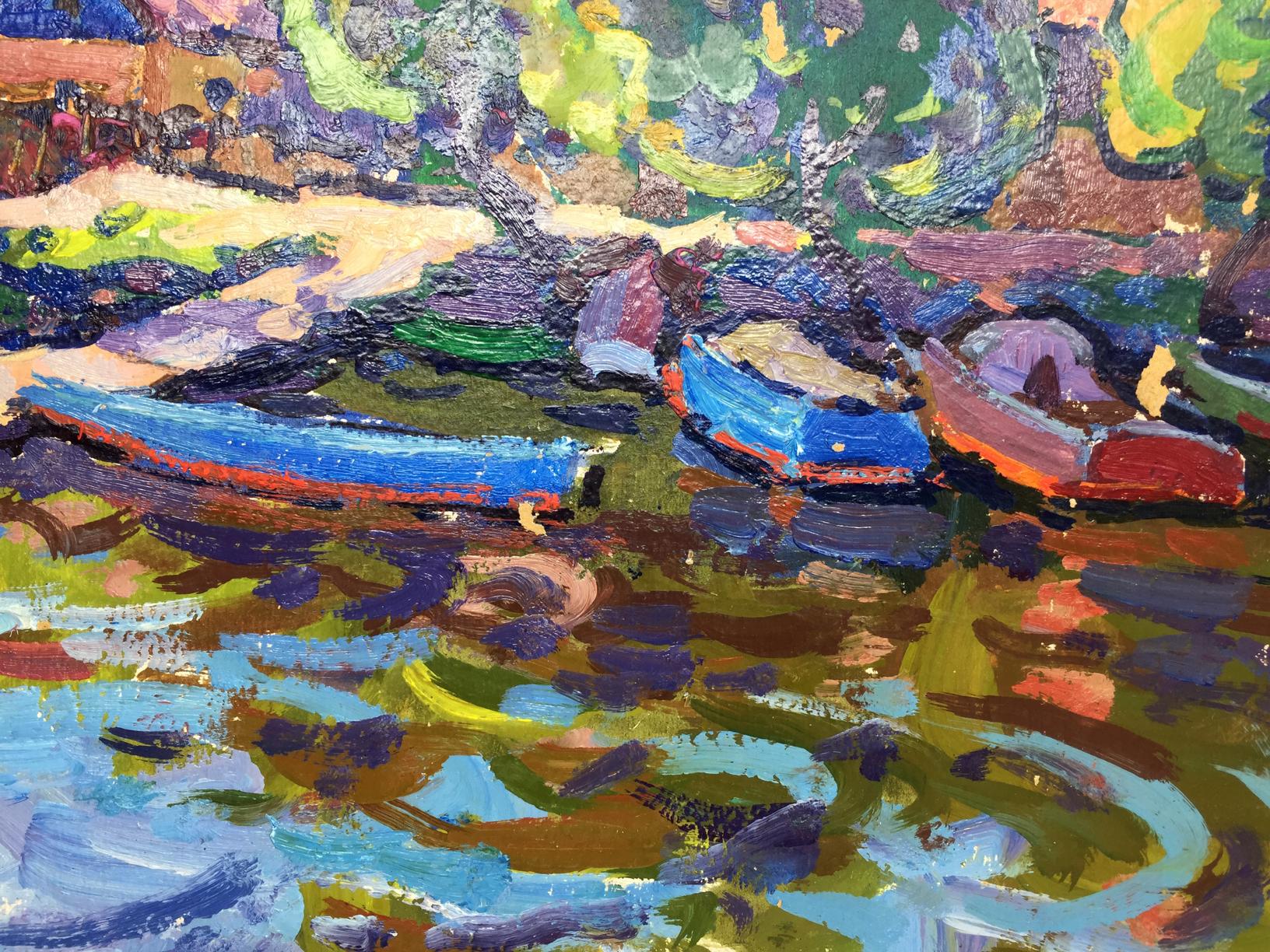 Vibrant blue and red boats in Hills Leninsky oil painting by Ruban Grigory Savelyevich