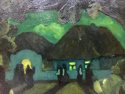 Oil painting by Altanets Valentin Ivanovich: rustic thatched cottage under green sky