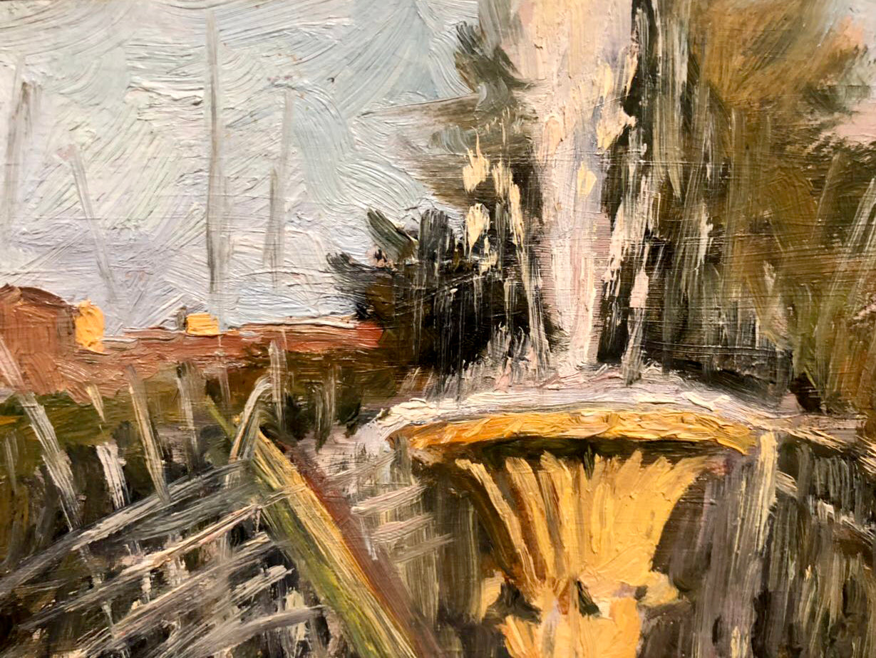 Oil painting Well by Tkachenko Evgeny Nikolaevich vibrant yellow-orange fountain textured brushstrokes