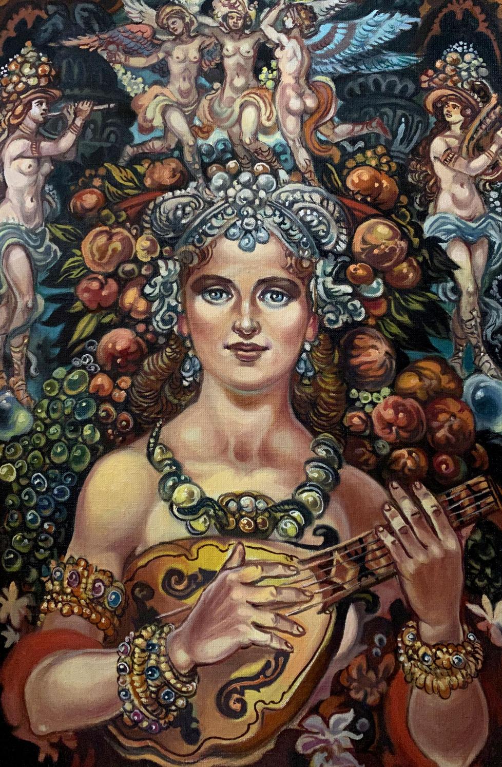 Oil painting Muse by Alexander Arkadievich Litvinov with golden mandolin
