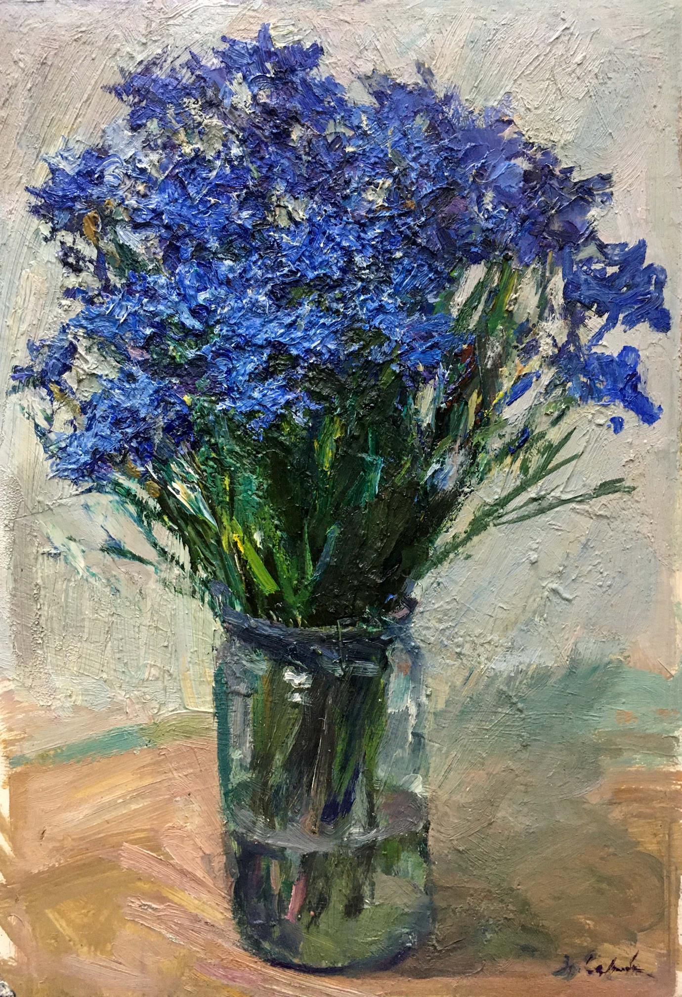 Oil painting of vibrant deep blue flowers in glass jar by Sokolov Vasily Vasilievich