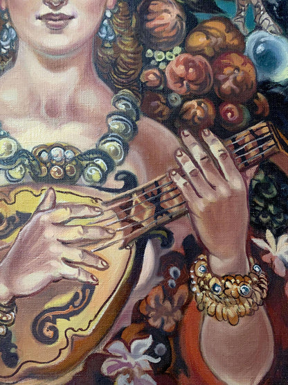 Ornate gold and blue beaded necklace in Litvinov oil painting Muse