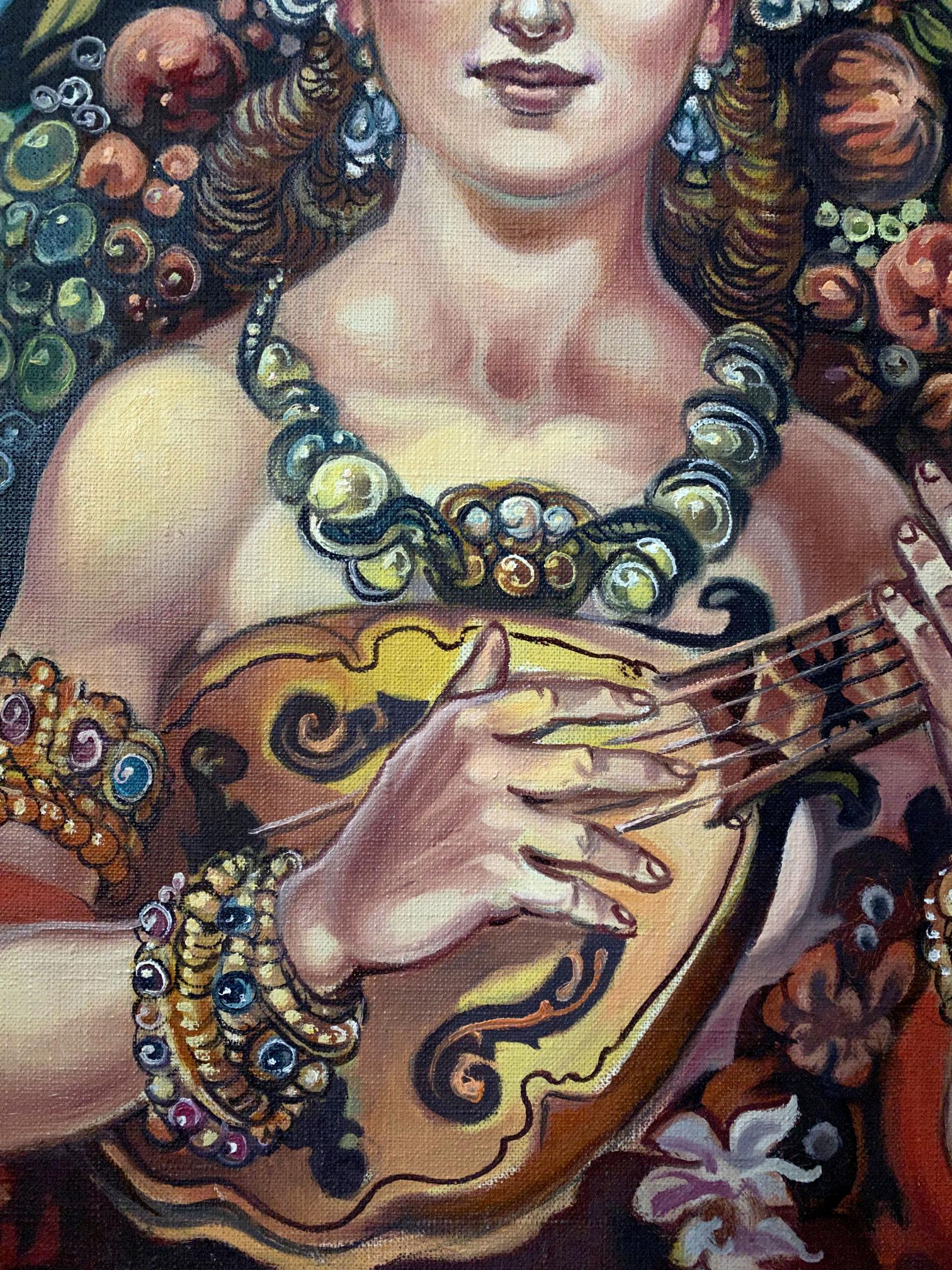 Oil painting by Alexander Arkadievich Litvinov: woman with ornate gemstone jewelry plays golden mandolin