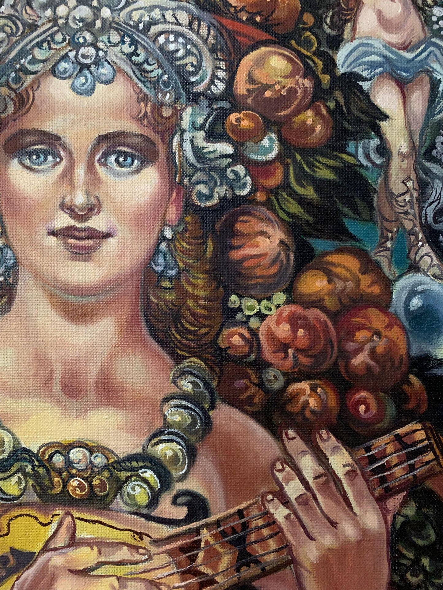 Oil painting of Muse by Alexander Arkadievich Litvinov, blue-eyed woman with lyre