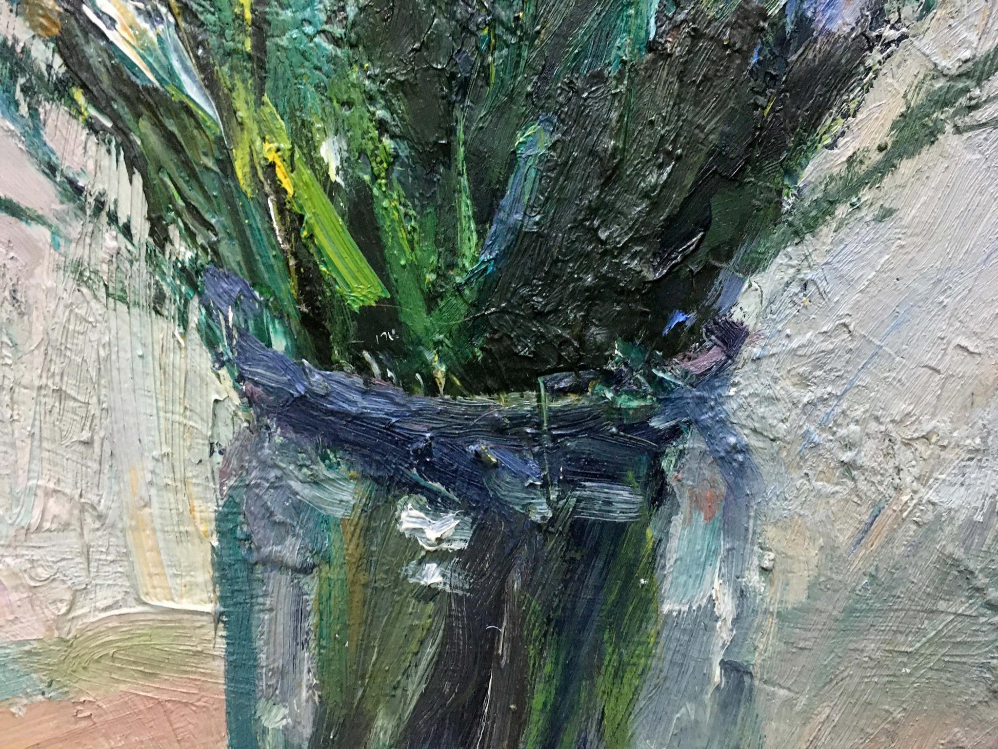 Textured oil painting of dark green black vase with vibrant foliage by Sokolov Vasily Vasilievich