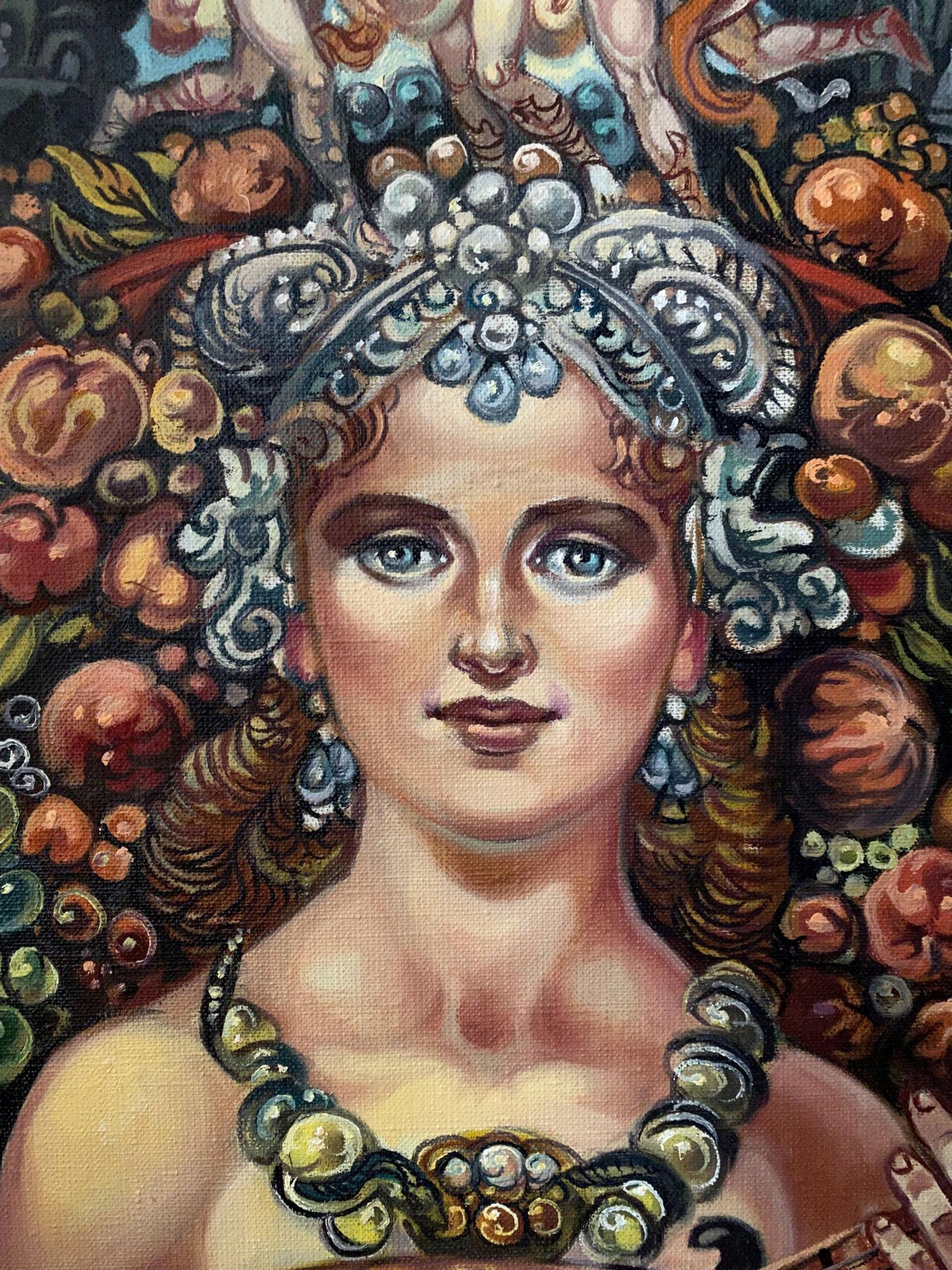 Oil painting of muse in ornate silver tiara by Litvinov