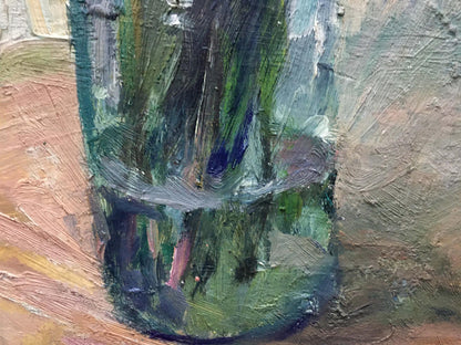 Textured impressionistic oil painting of green glass vase with dark foliage by Sokolov Vasily Vasilievich