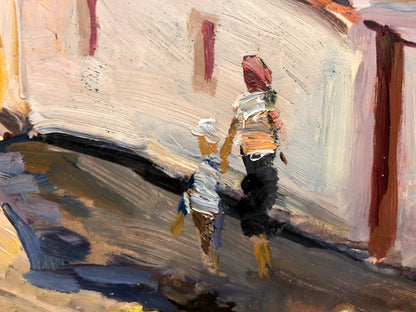 Impressionistic oil painting by Kobylenkov Mikhail Vasilyevich of sunlit alleyway walkers