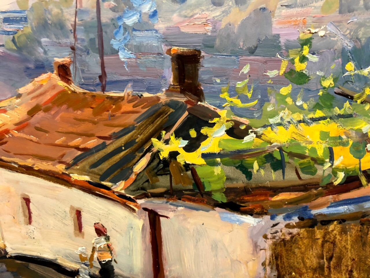 Vibrant impressionistic oil painting by Kobylenkov Mikhail Vasilyevich of terracotta roof