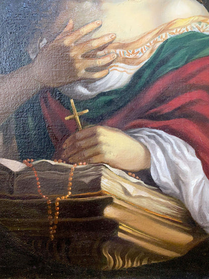 Golden cross in hand on open book with red beads, Maria Magdalena oil painting by Litvinov