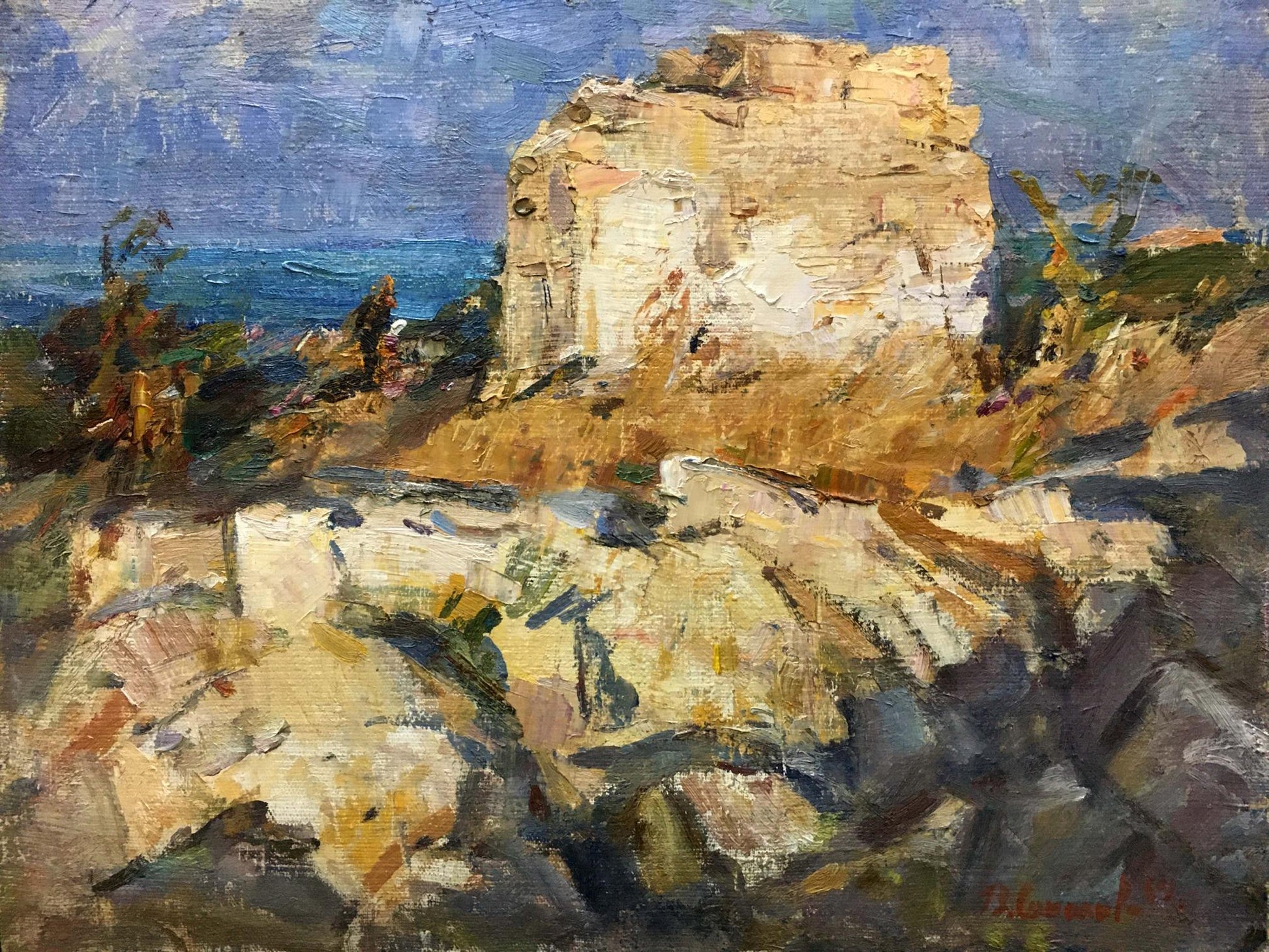 Oil painting Cliffs by Sokolov Vladimir Alexandrovich weathered stone ruin ochre white blue sky