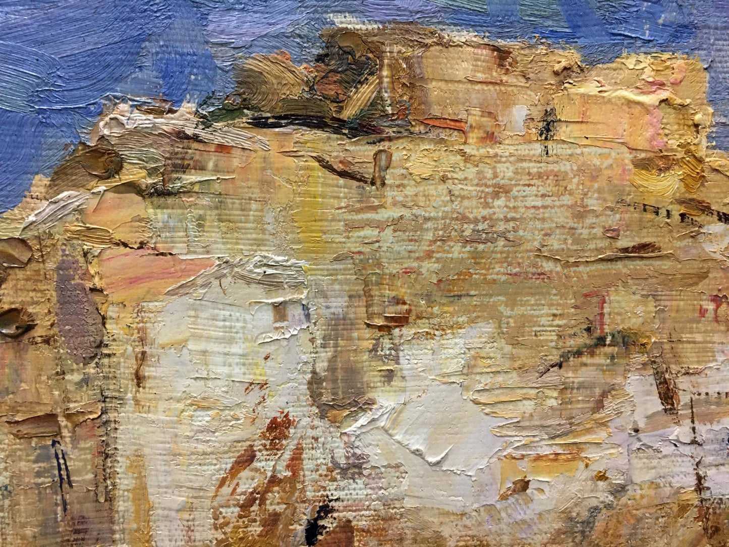 Oil painting Cliffs by Sokolov textured impasto in earthy tones blue sky