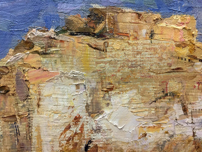 Oil painting Cliffs by Sokolov textured impasto in earthy tones blue sky