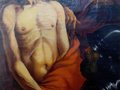 Oil painting Crown of Thorns by Litvinov: nude muscular man in orange fabric with armored soldier