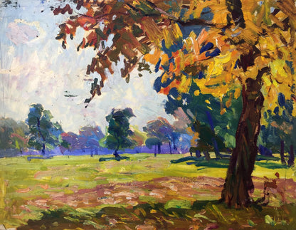 Vibrant autumn forest park oil painting with yellow orange brown leaves