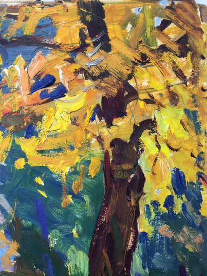 Vibrant original oil painting of forest park with bold yellow blue green strokes and tree trunk