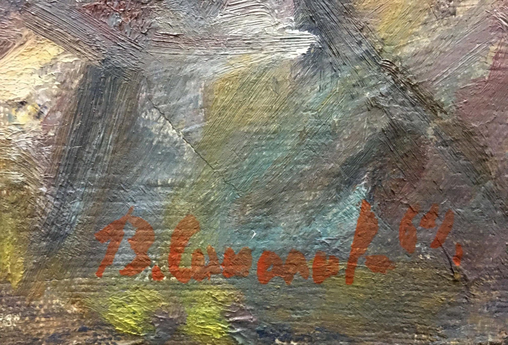 Orange-red cursive signature on back of Cliffs Sokolov oil painting