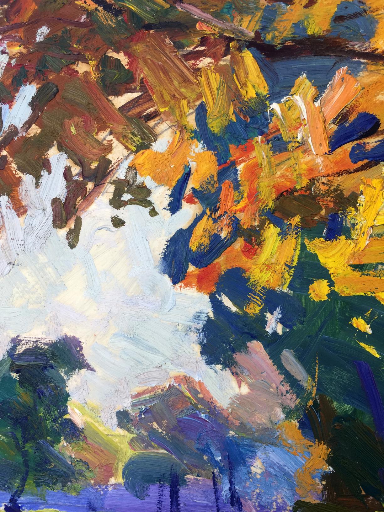 Vibrant original oil painting of forest park in yellow, orange, blue, green