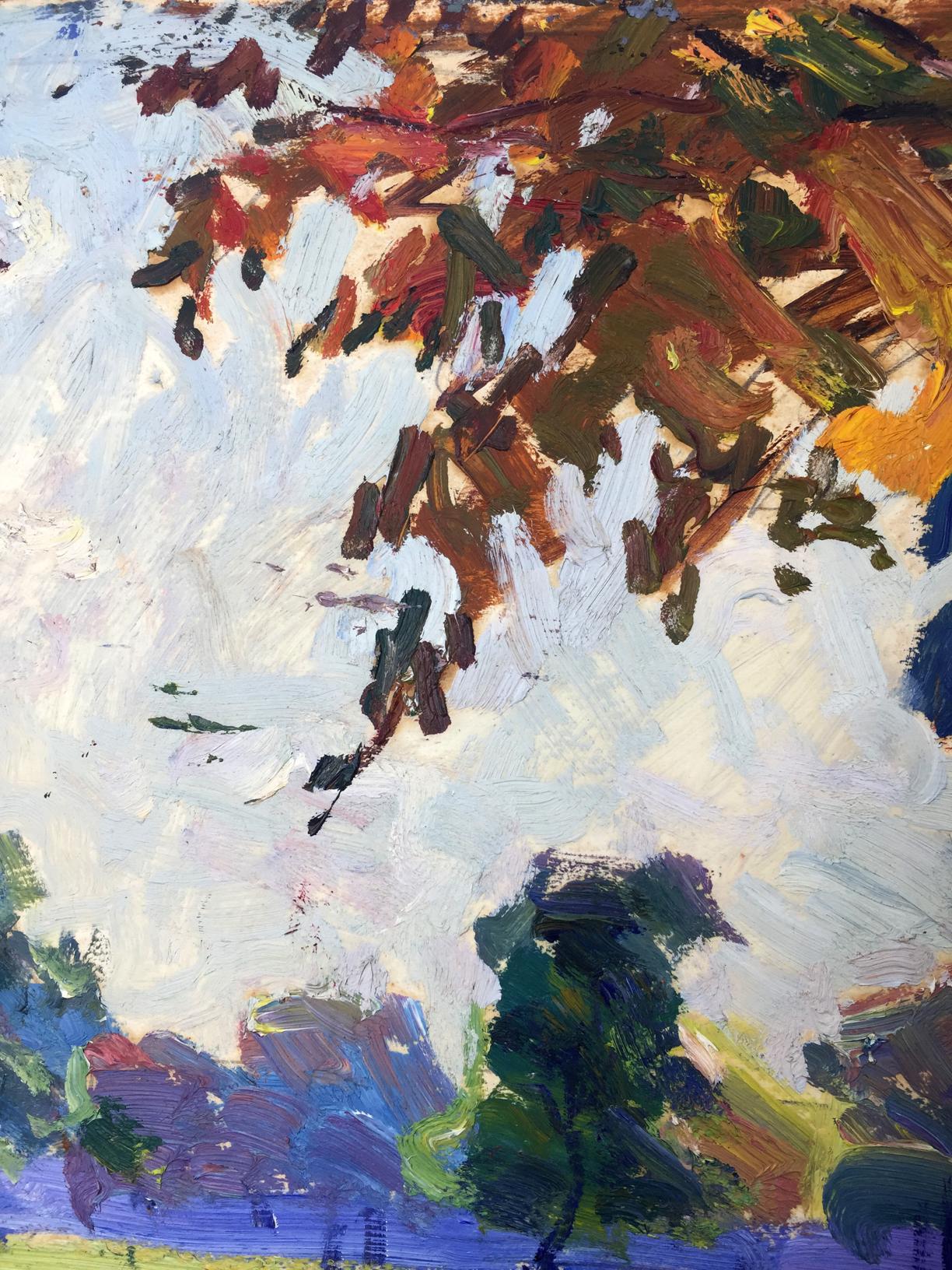Vibrant impressionist oil painting of autumn forest park with bold leaves
