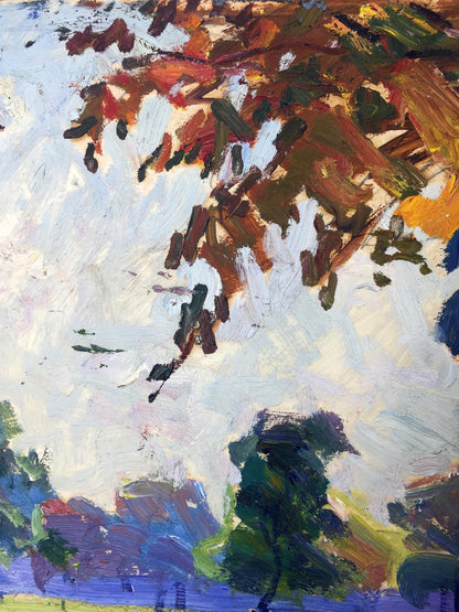 Vibrant impressionist oil painting of autumn forest park with bold leaves
