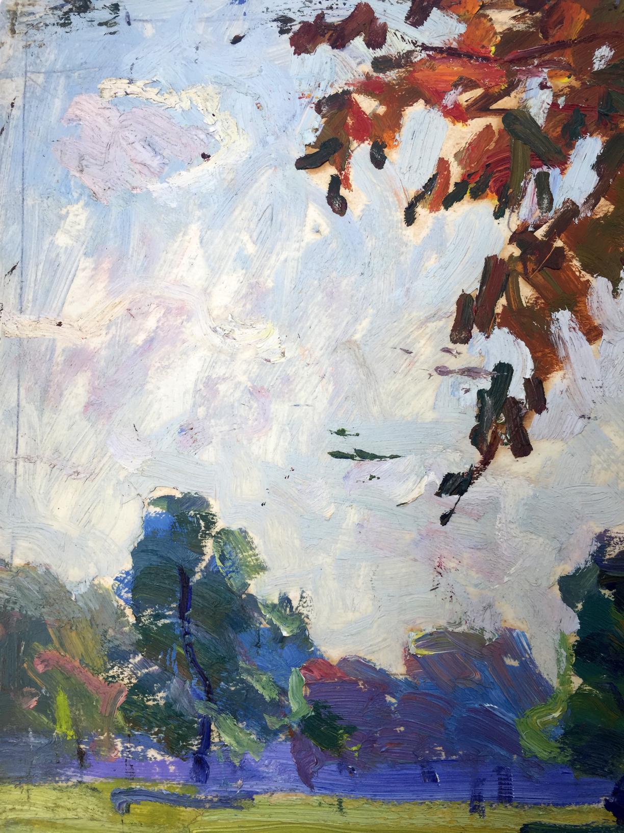 Vibrant impressionistic oil painting of autumn forest park foliage