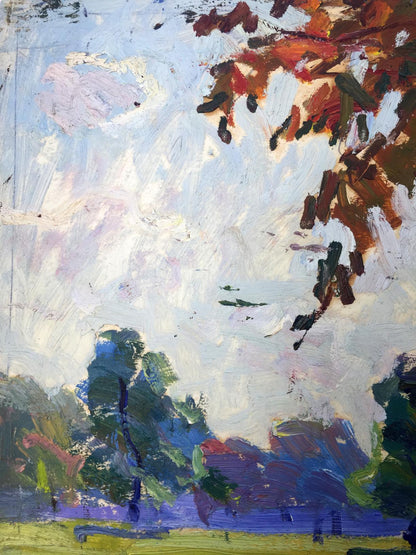 Vibrant impressionistic oil painting of autumn forest park foliage