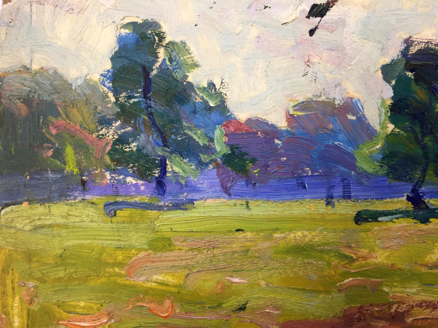 Vibrant impressionist oil painting of forest park with bold green blue purple brushstrokes
