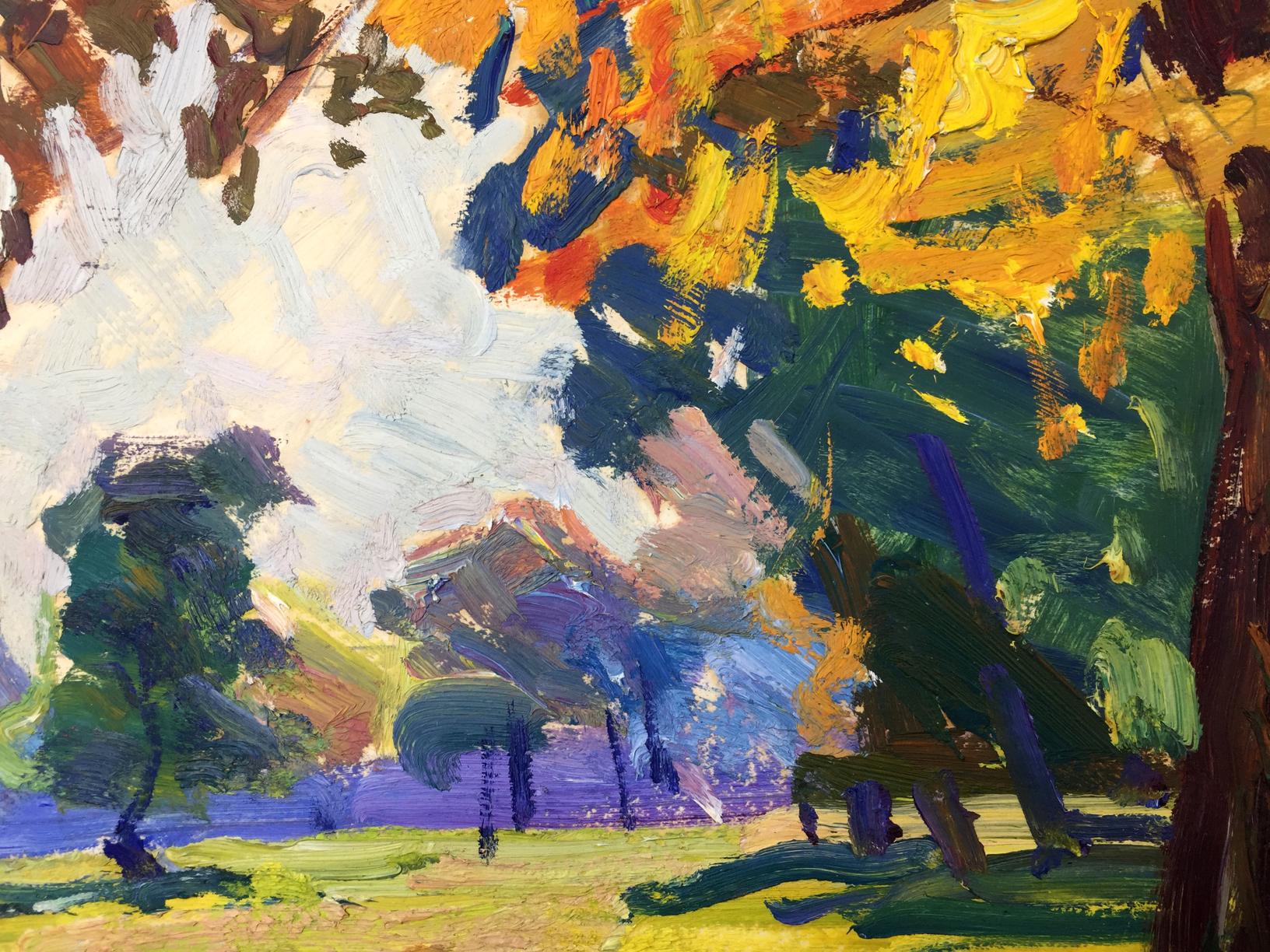Vibrant original oil painting of impressionist autumn forest park