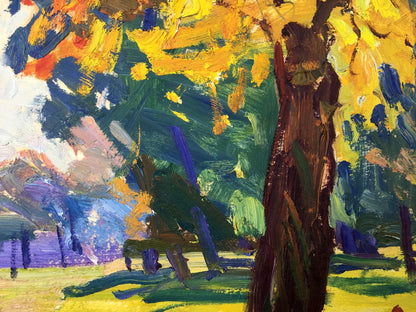 Vibrant impressionistic oil painting of forest park tree with yellow orange leaves