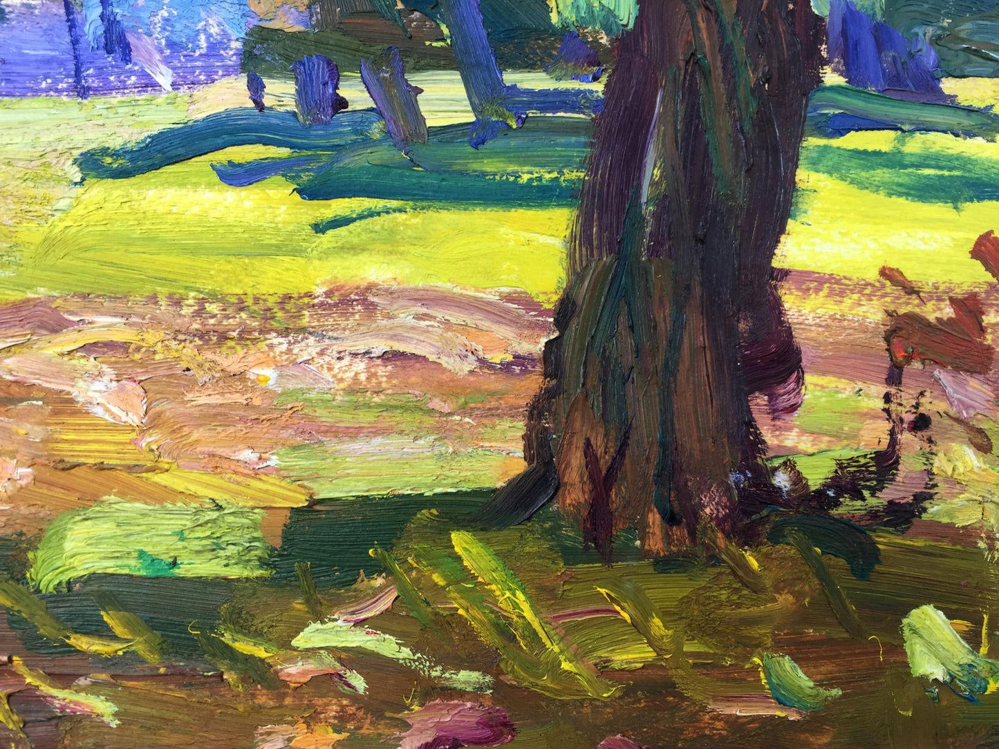 Oil painting of textured brown tree trunk in vibrant green yellow forest park