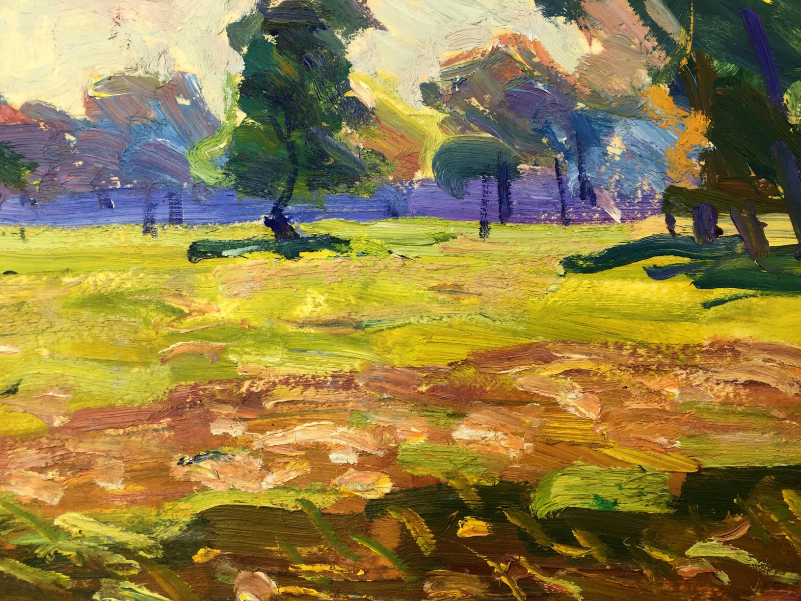 Vibrant impressionist oil painting of forest park with bold green, yellow, purple brushstrokes