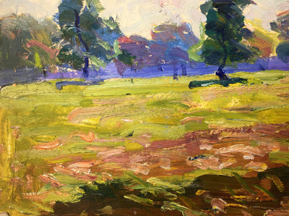 Oil painting of impressionistic forest park with bold green yellow purple fields