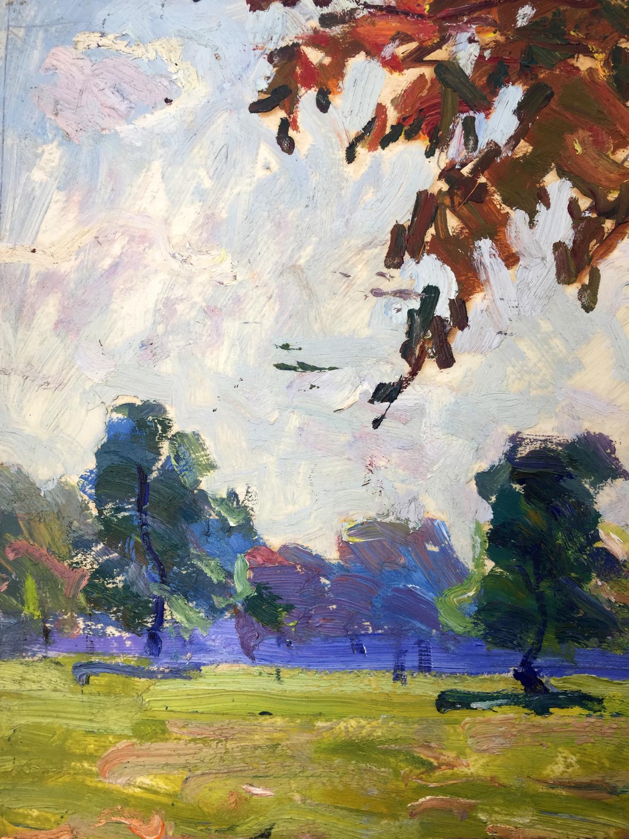 Original oil painting of impressionistic forest park with green fields, blue trees, red leaves