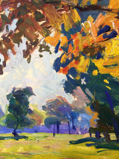 Vibrant impressionist oil painting of autumn forest park trees